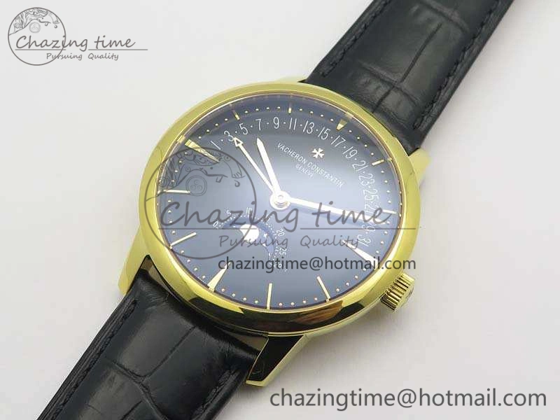EasyCare Patrimony Retrograde Date MoonPhase YG GS Best Edition Black Dial On Leather Strap A 9973