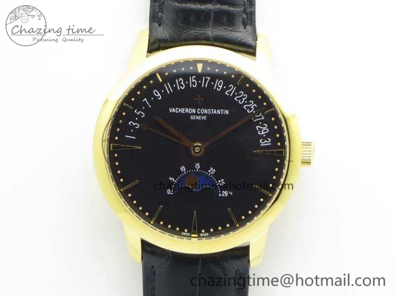 EasyCare Patrimony Retrograde Date MoonPhase YG GS Best Edition Black Dial On Leather Strap A 9973