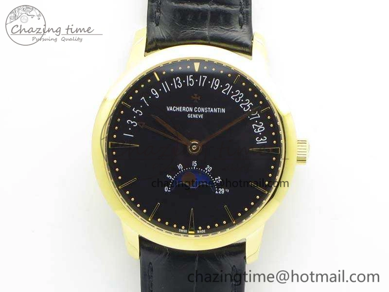 EasyCare Patrimony Retrograde Date MoonPhase YG GS Best Edition Black Dial On Leather Strap A 9973