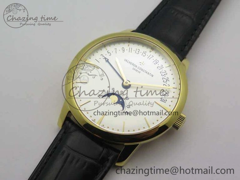 FreshLook Patrimony Retrograde Date MoonPhase YG GS Best Edition White Dial On Leather Strap A 9974