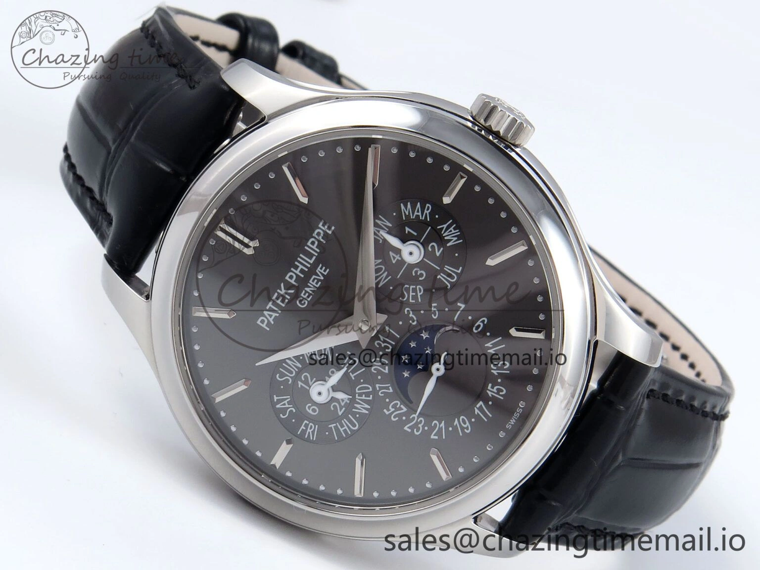 Supportive Perpetual Calendar 5140 SS 3KF Best Edition Gray Dial on Black Leather Strap A 8658