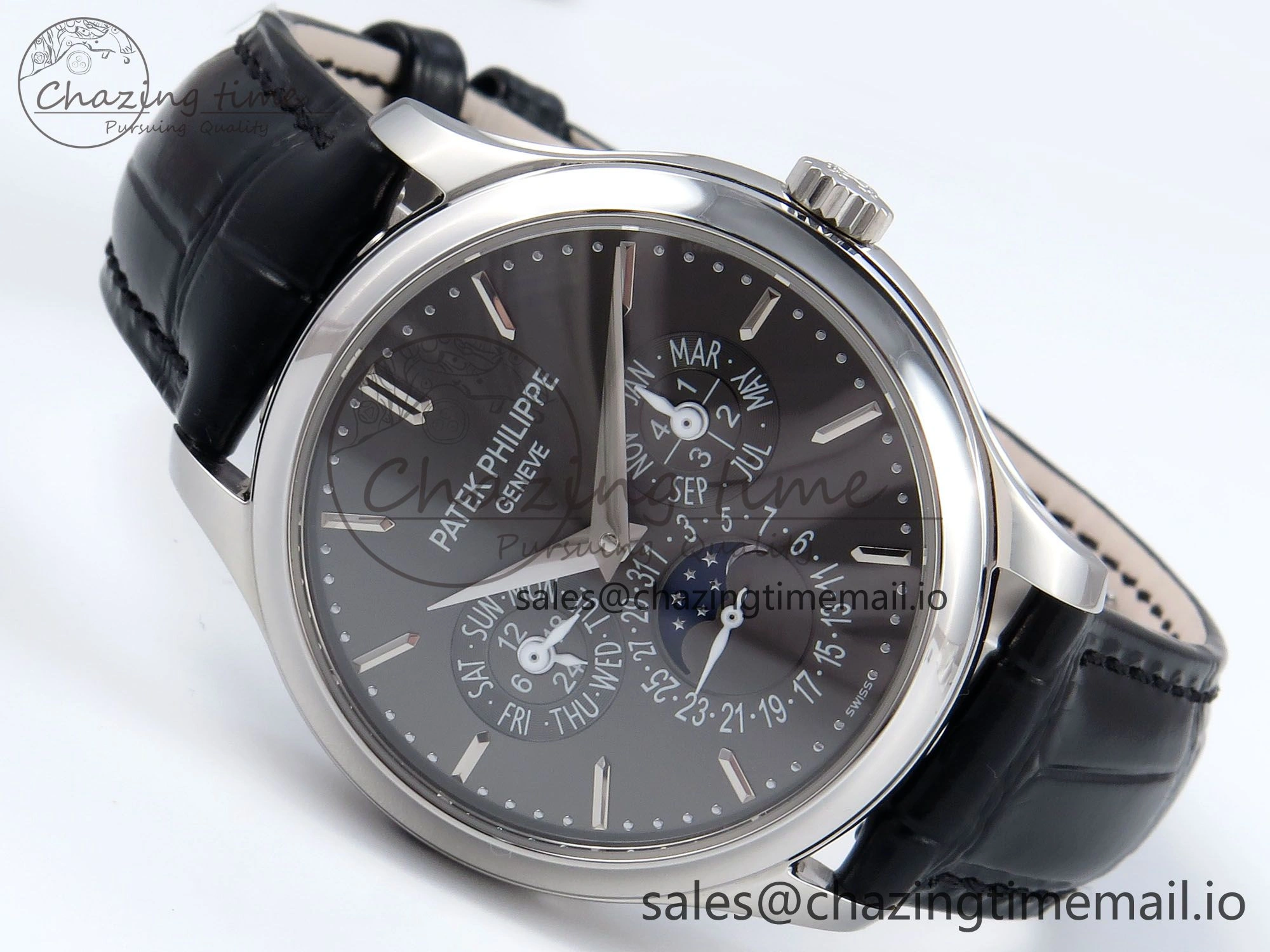 Supportive Perpetual Calendar 5140 SS 3KF Best Edition Gray Dial on Black Leather Strap A 8658