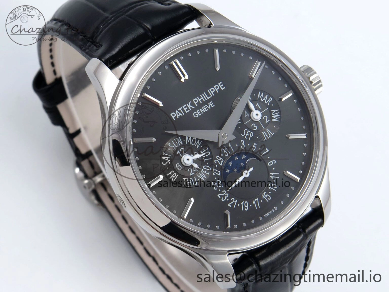 Supportive Perpetual Calendar 5140 SS 3KF Best Edition Gray Dial on Black Leather Strap A 8658