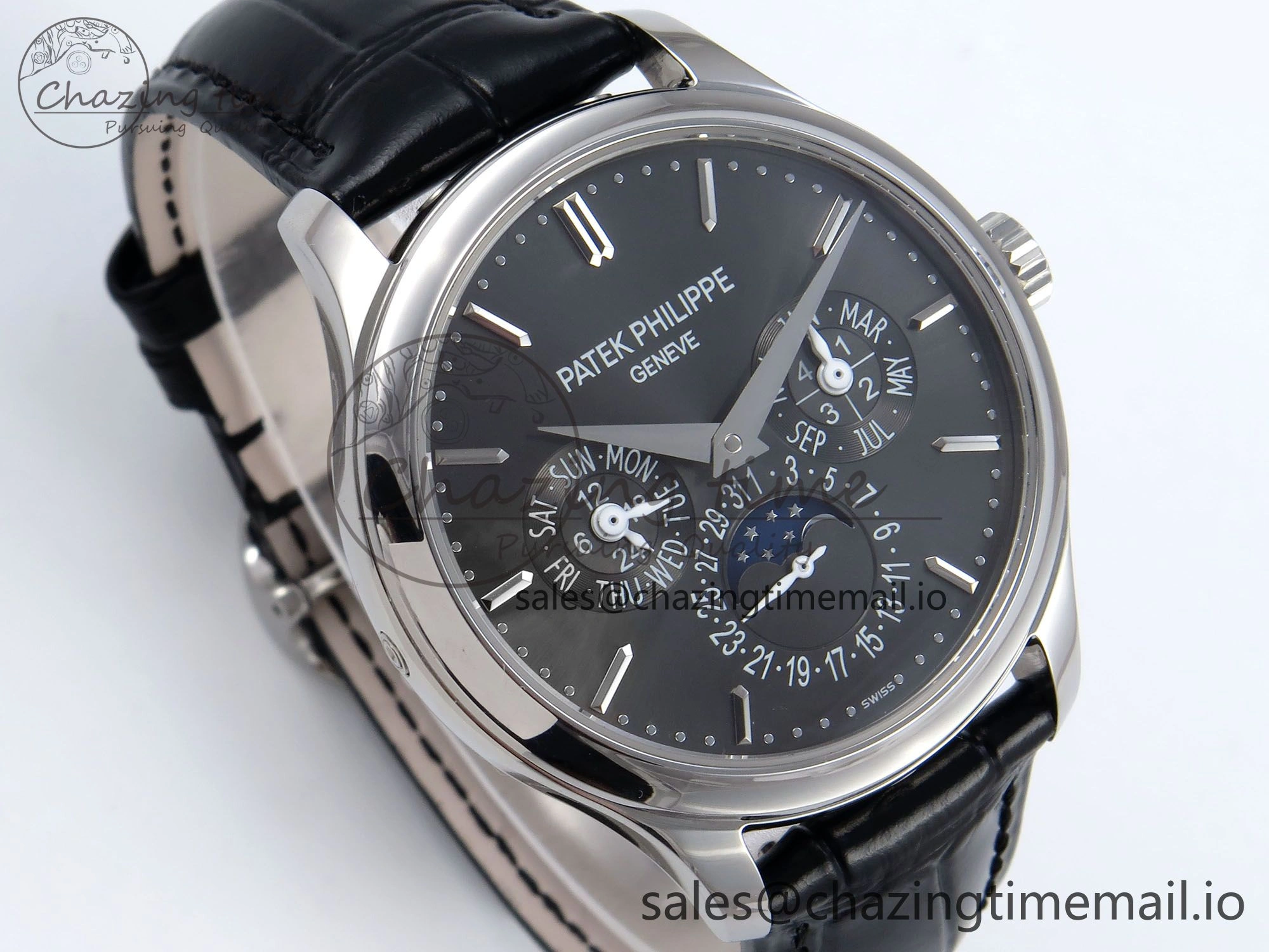 Supportive Perpetual Calendar 5140 SS 3KF Best Edition Gray Dial on Black Leather Strap A 8658