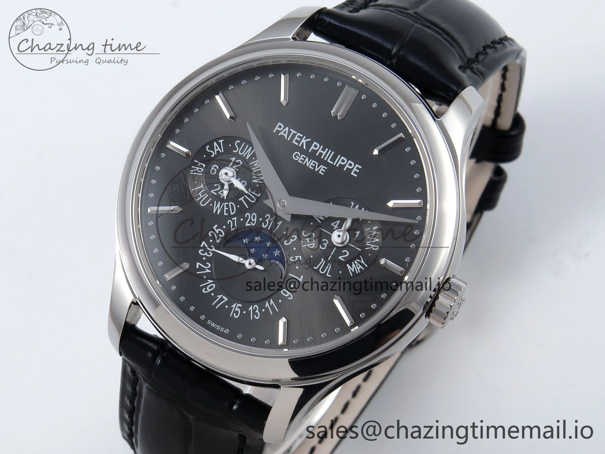 Supportive Perpetual Calendar 5140 SS 3KF Best Edition Gray Dial on Black Leather Strap A 8658