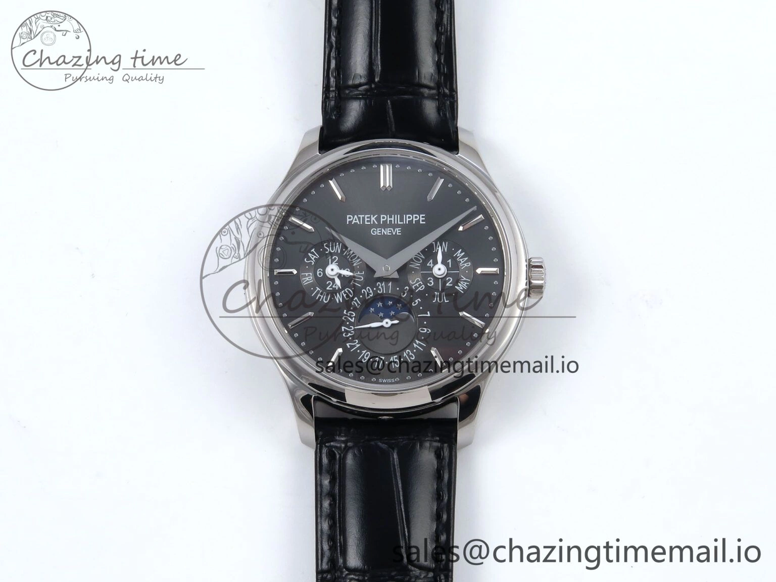 Supportive Perpetual Calendar 5140 SS 3KF Best Edition Gray Dial on Black Leather Strap A 8658