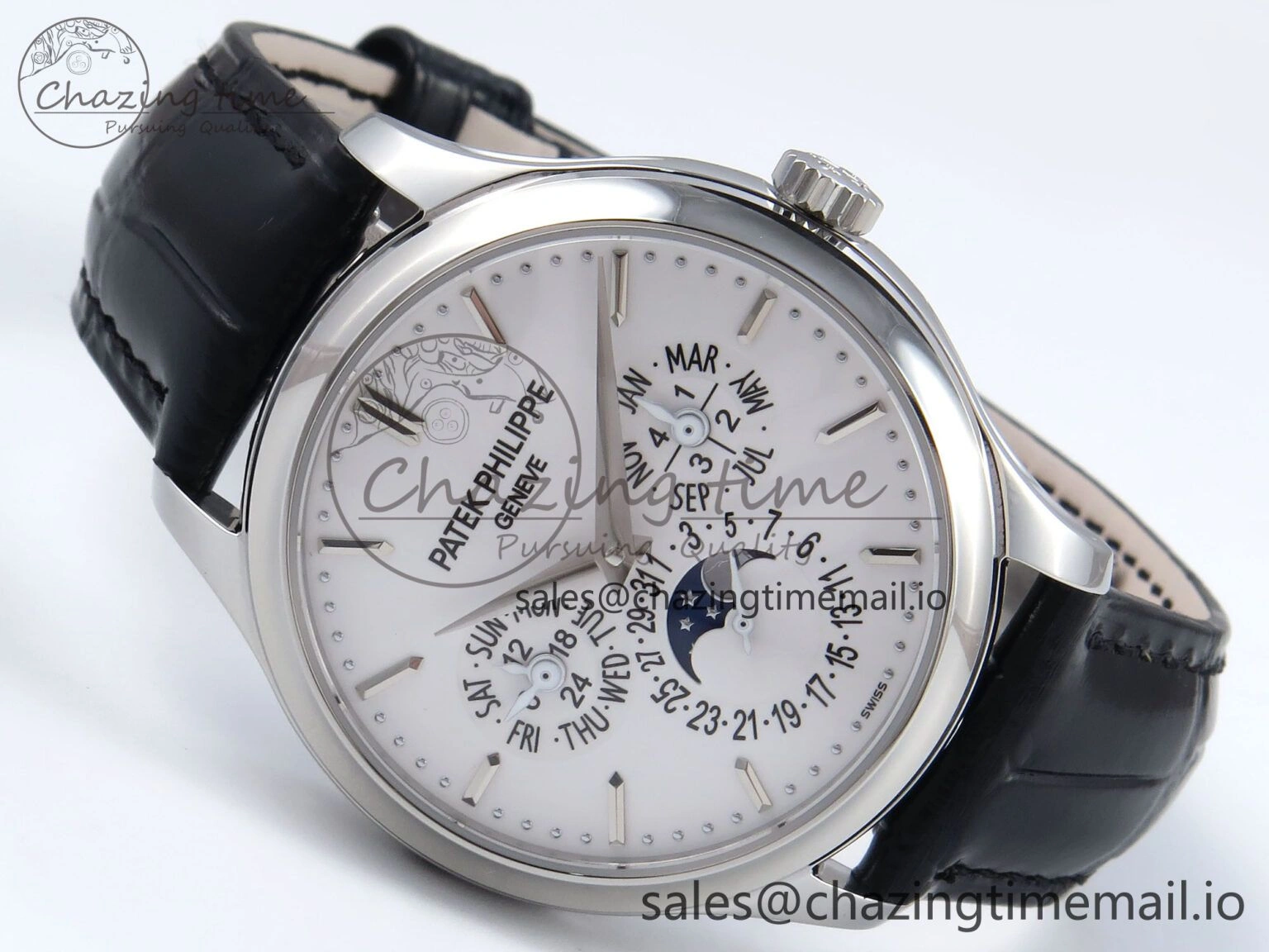 Lightweight Perpetual Calendar 5140 SS 3KF Best Edition White Dial on Black Leather Strap A 8659