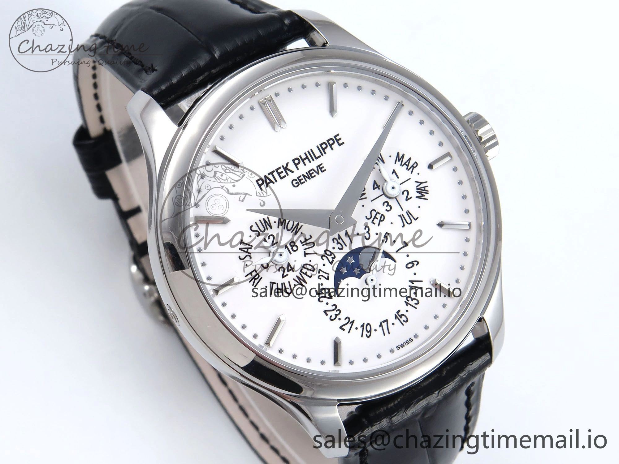 Lightweight Perpetual Calendar 5140 SS 3KF Best Edition White Dial on Black Leather Strap A 8659