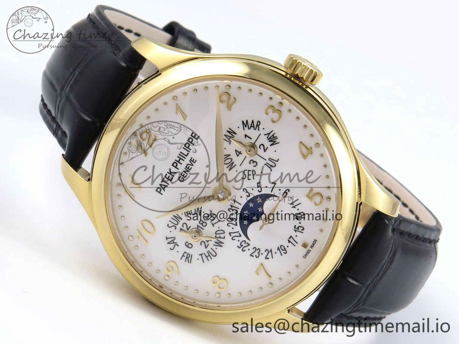 QuickDry Perpetual Calendar 5140 YG 3KF Best Edition White Numeral Dial on Black Leather Strap A 8660