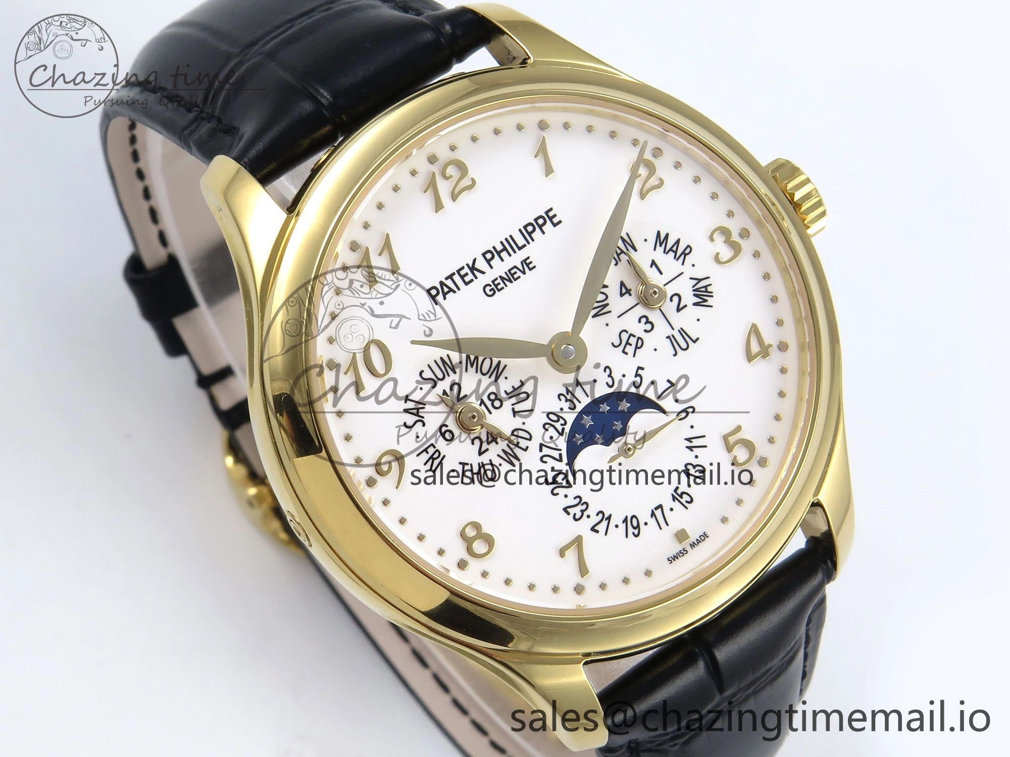 QuickDry Perpetual Calendar 5140 YG 3KF Best Edition White Numeral Dial on Black Leather Strap A 8660