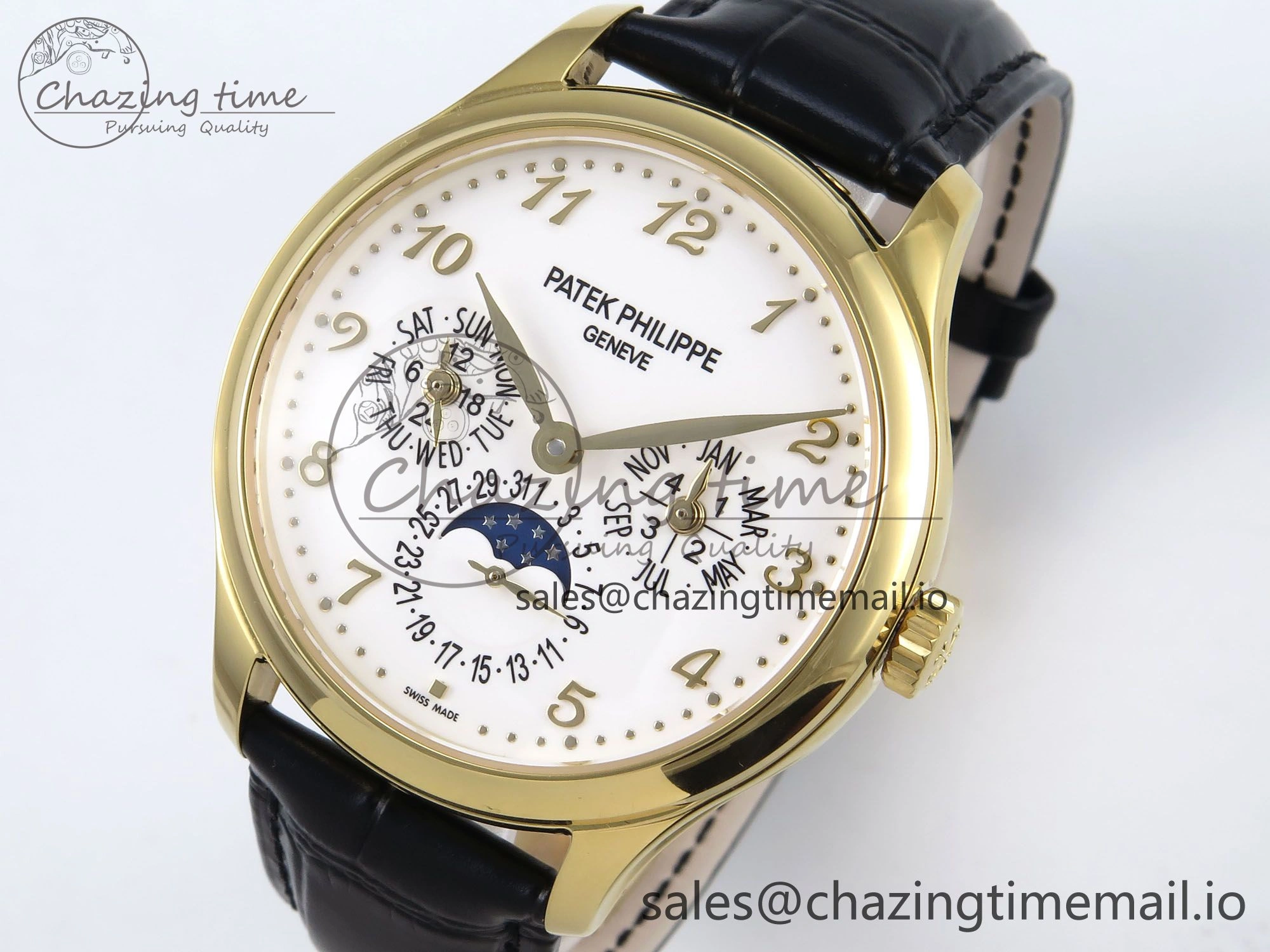 QuickDry Perpetual Calendar 5140 YG 3KF Best Edition White Numeral Dial on Black Leather Strap A 8660
