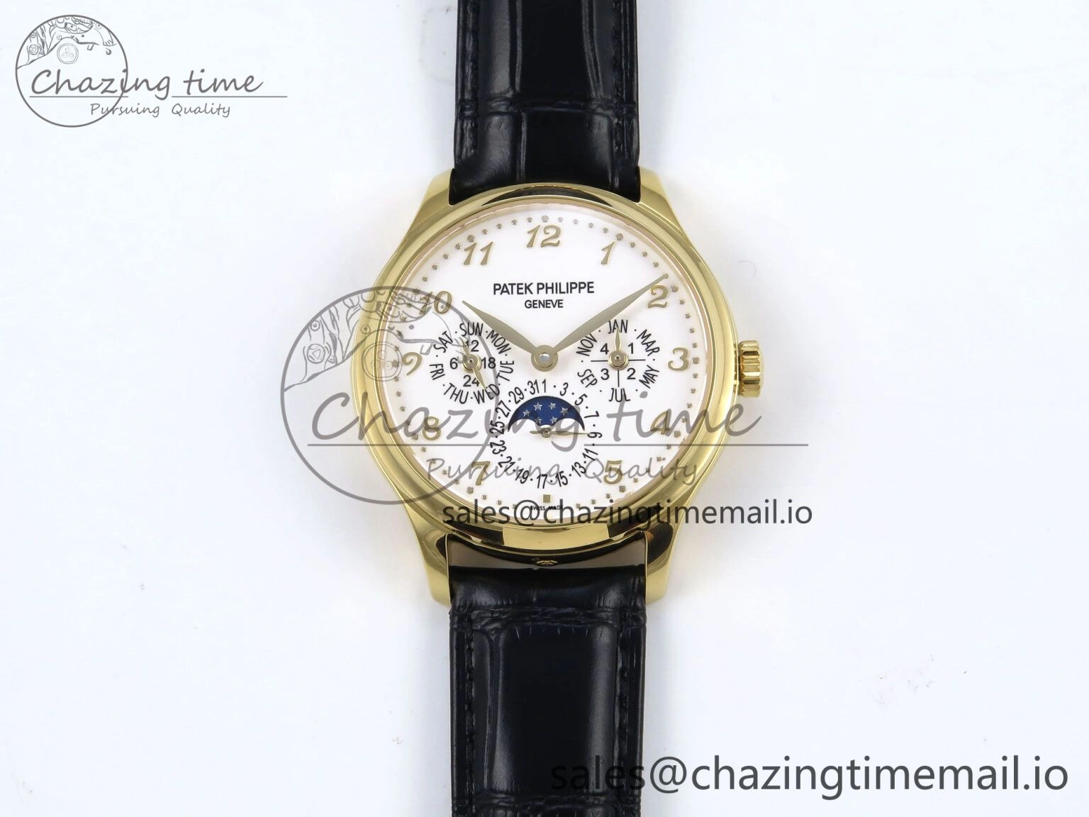 QuickDry Perpetual Calendar 5140 YG 3KF Best Edition White Numeral Dial on Black Leather Strap A 8660