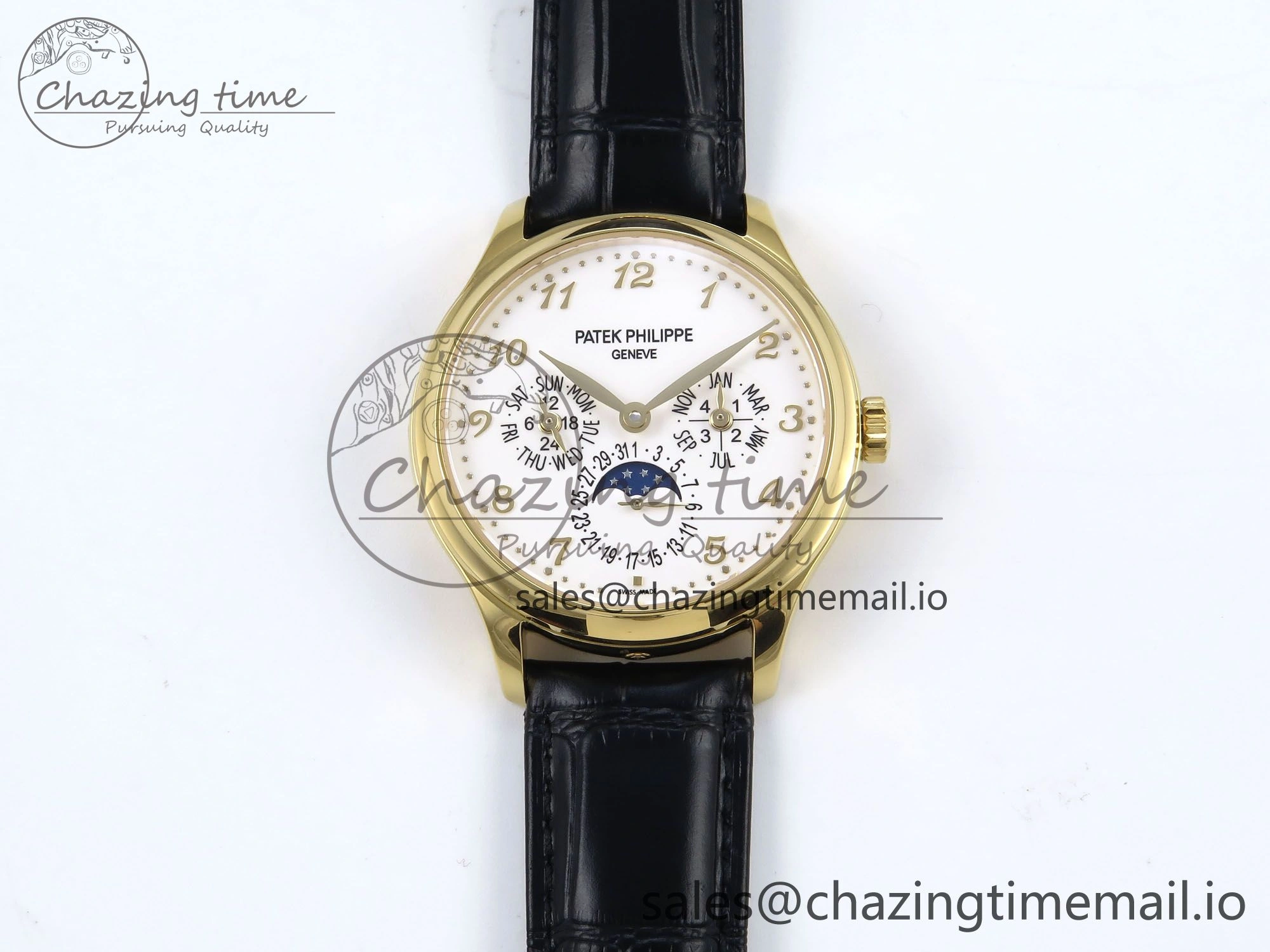 QuickDry Perpetual Calendar 5140 YG 3KF Best Edition White Numeral Dial on Black Leather Strap A 8660