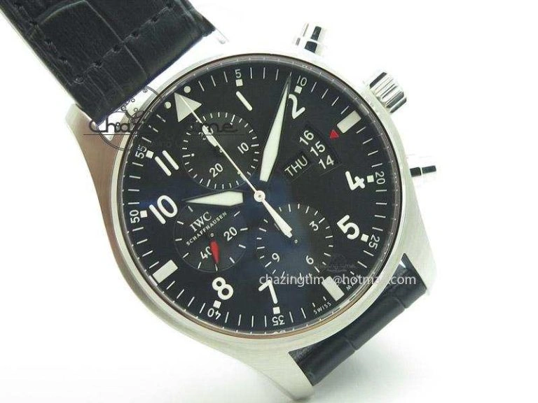 Durable Pilot Chrono 3777 43mm ZF 1:1 Best Edition Black Dial On Black Leather Strap A 7360