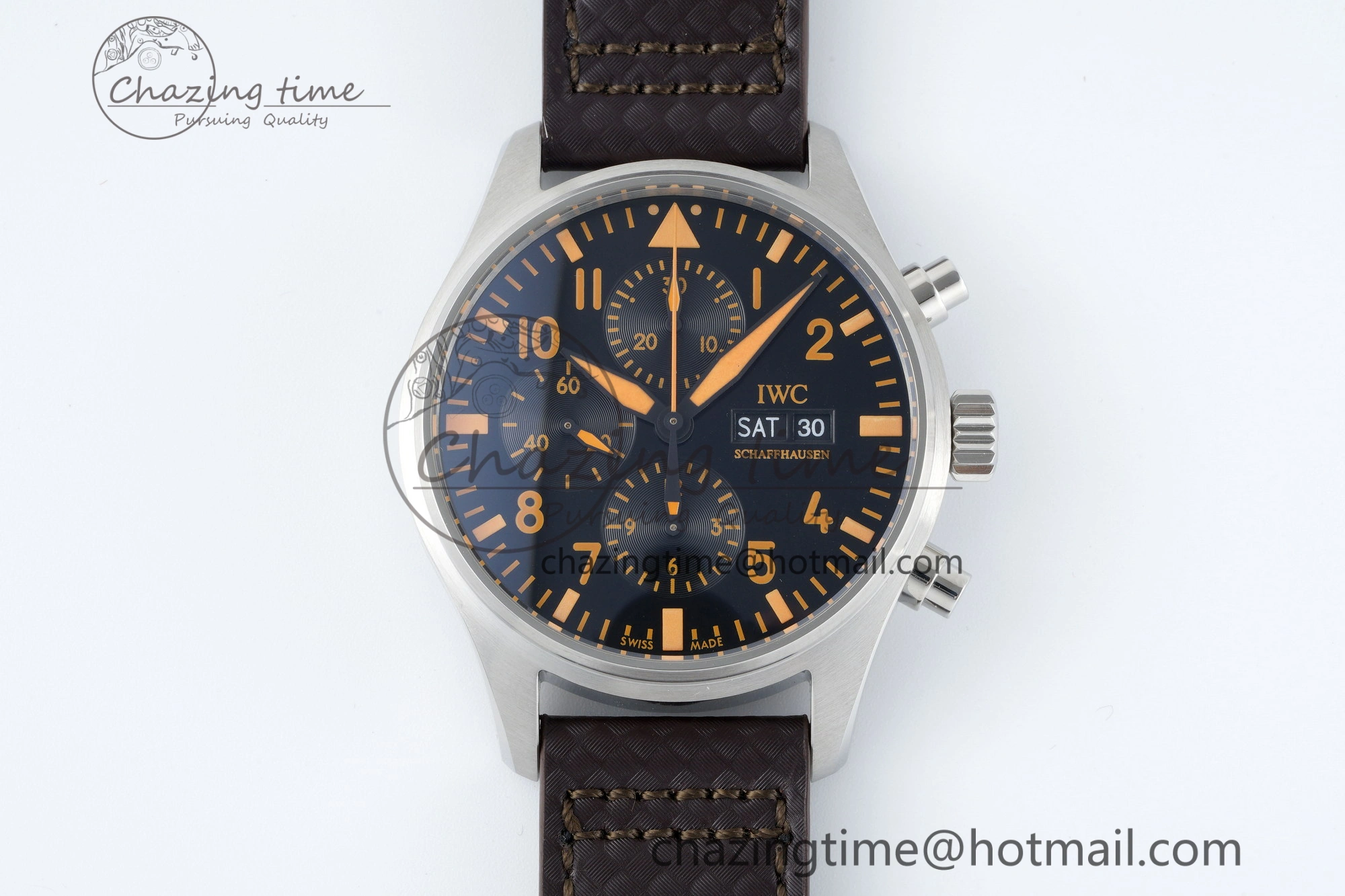 Pilot Chrono SS AZF 1:1 Best Edition Black Dial Orange Markers on Brown Leather Strap A GoodFit 7065