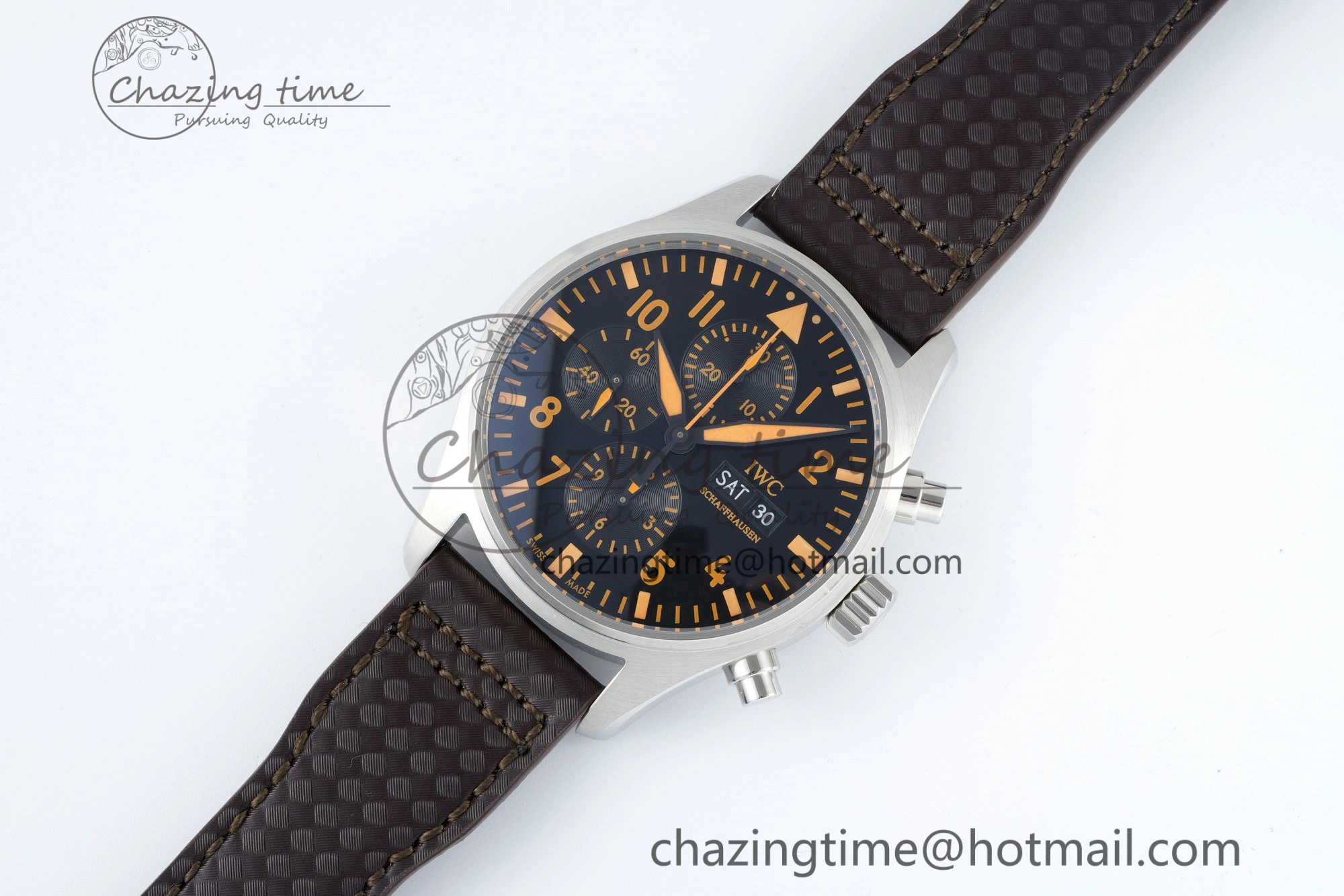 Pilot Chrono SS AZF 1:1 Best Edition Black Dial Orange Markers on Brown Leather Strap A GoodFit 7065