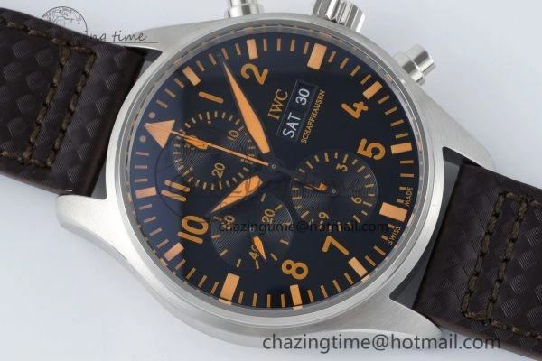 Pilot Chrono SS AZF 1:1 Best Edition Black Dial Orange Markers on Brown Leather Strap A GoodFit 7065