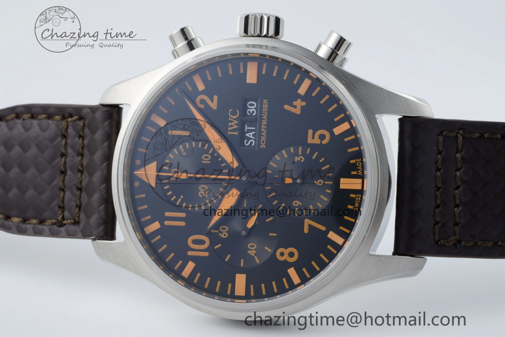 Pilot Chrono SS AZF 1:1 Best Edition Black Dial Orange Markers on Brown Leather Strap A GoodFit 7065