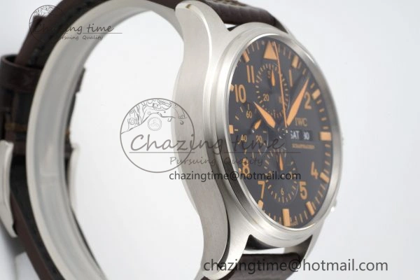 Pilot Chrono SS AZF 1:1 Best Edition Black Dial Orange Markers on Brown Leather Strap A GoodFit 7065
