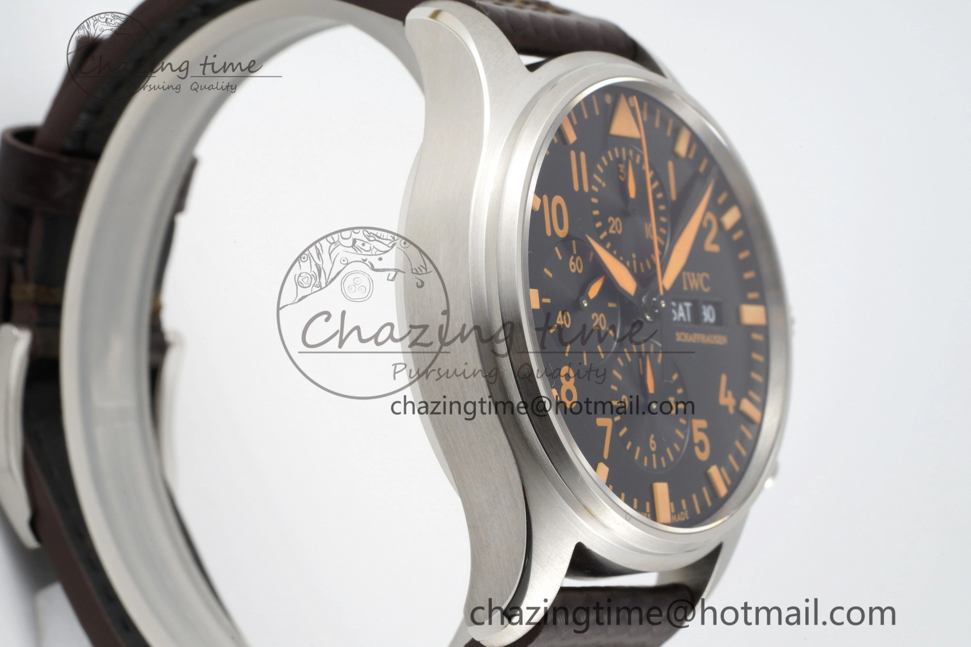 Pilot Chrono SS AZF 1:1 Best Edition Black Dial Orange Markers on Brown Leather Strap A GoodFit 7065