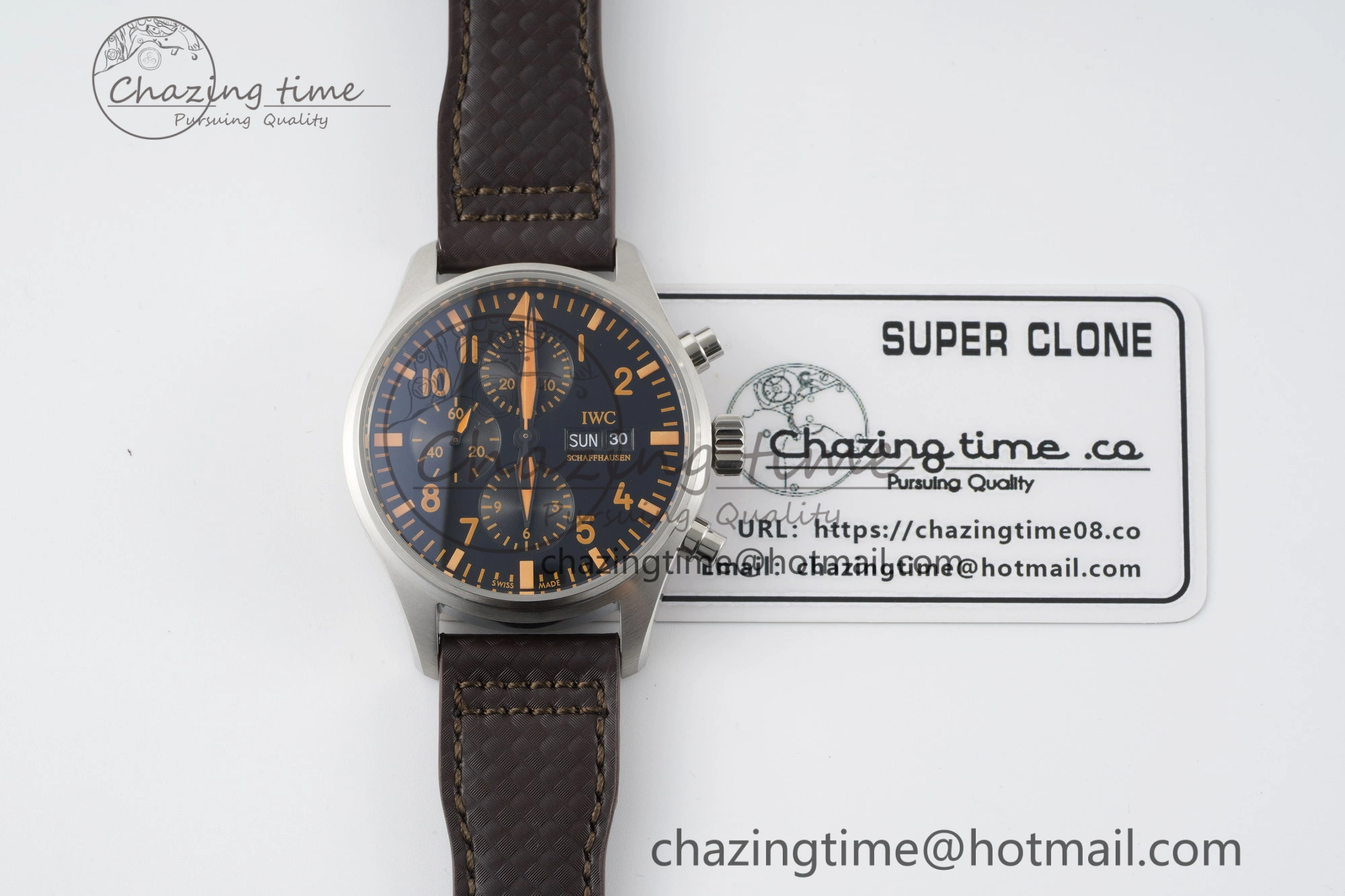Pilot Chrono SS AZF 1:1 Best Edition Black Dial Orange Markers on Brown Leather Strap A GoodFit 7065