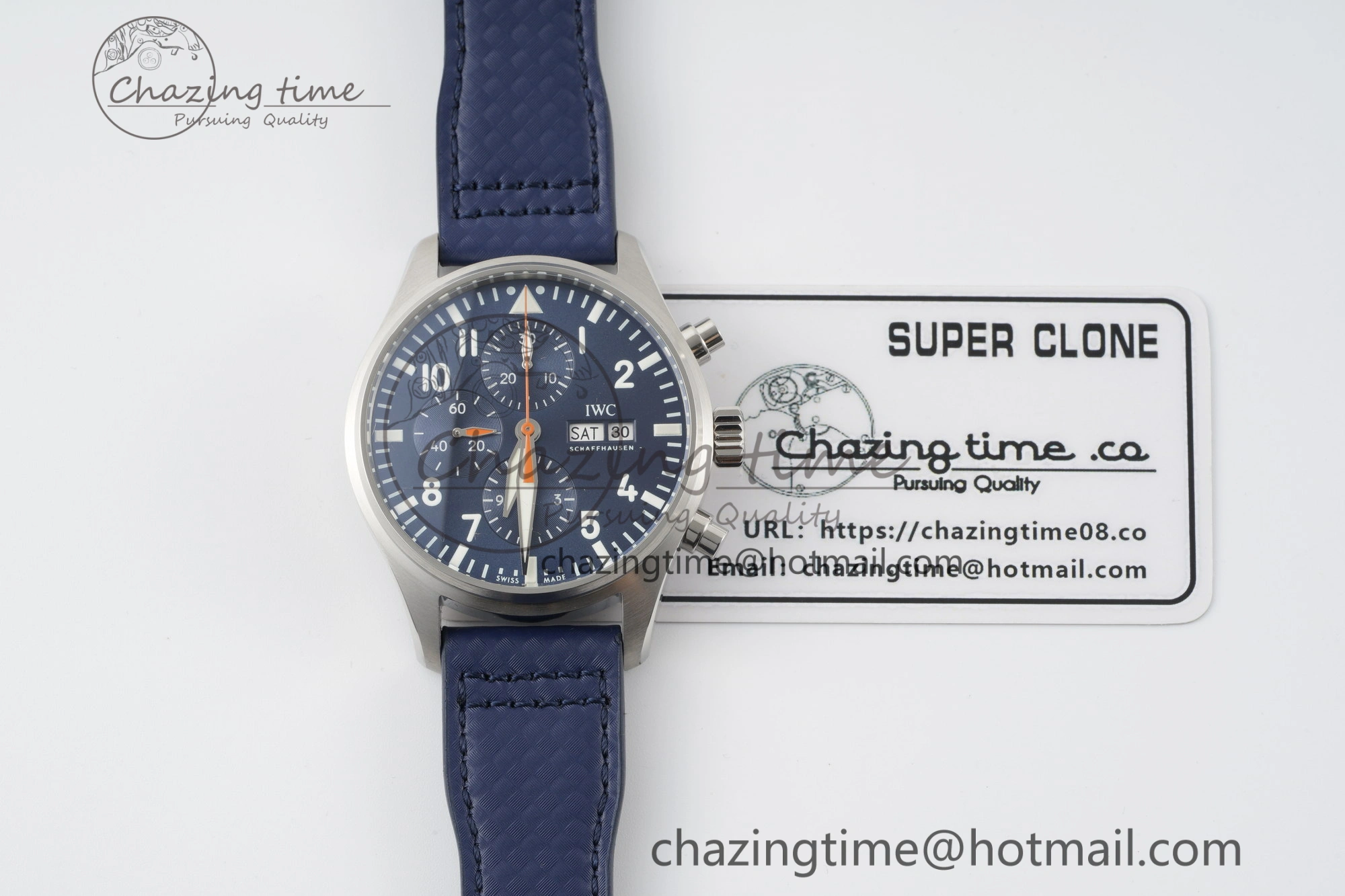 Pilot Chrono SS AZF 1:1 Best Edition Blue Dial Orange Hand on Blue Leather Strap A SunProtective 7063