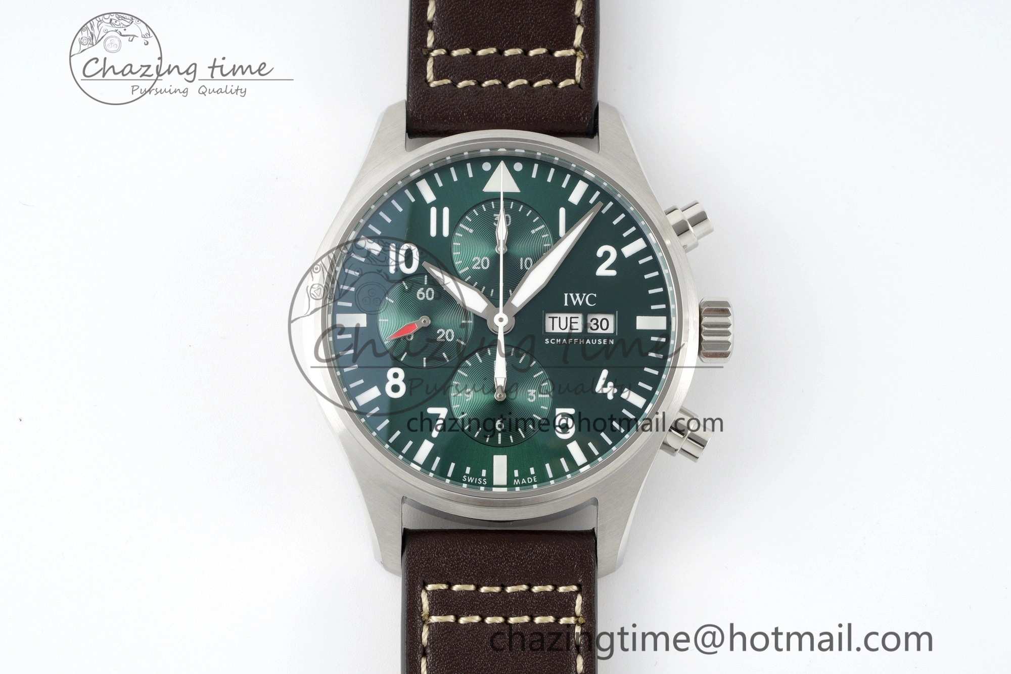 GoodFit Pilot Chrono SS AZF 1:1 Best Edition Green Dial on Brown Leather Strap A 7059