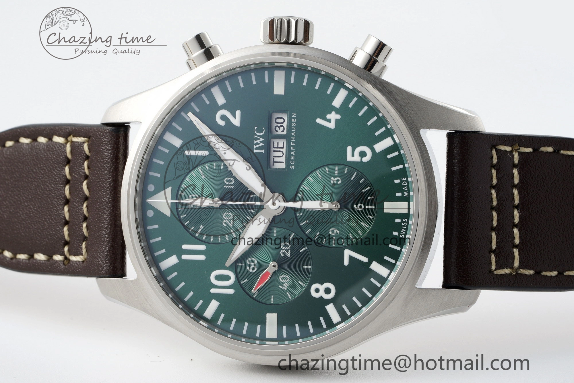 GoodFit Pilot Chrono SS AZF 1:1 Best Edition Green Dial on Brown Leather Strap A 7059