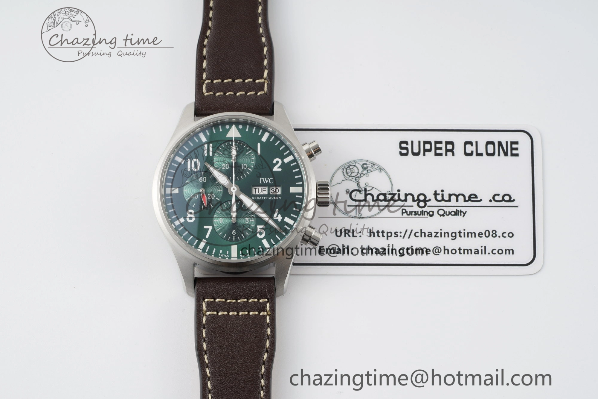 GoodFit Pilot Chrono SS AZF 1:1 Best Edition Green Dial on Brown Leather Strap A 7059