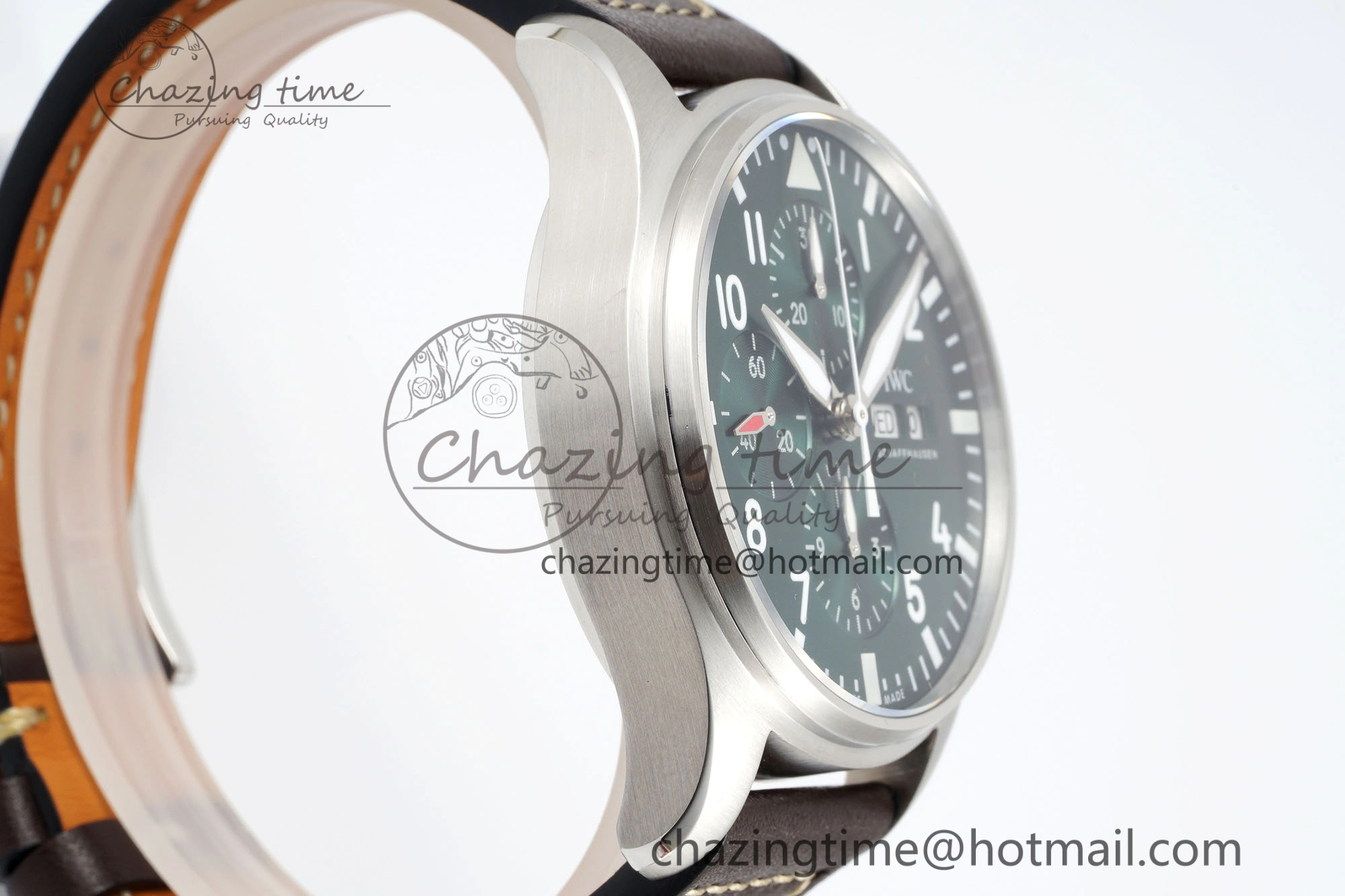 GoodFit Pilot Chrono SS AZF 1:1 Best Edition Green Dial on Brown Leather Strap A 7059