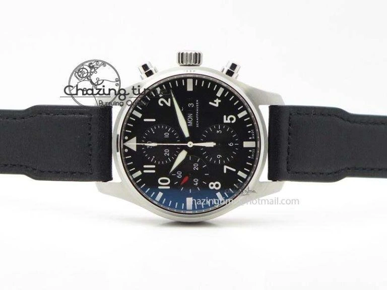 Minimalist Pilot Chrono SS IW377709 ZF Best Edition Black Dial On Black Leather Strap A 7313