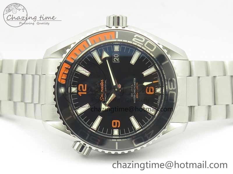 Planet Ocean 2016 43.5mm SS Black Orange Bezel OM 1:1 Best Edition Black Dial on SS Bracelet A8900 V BestValue 8027