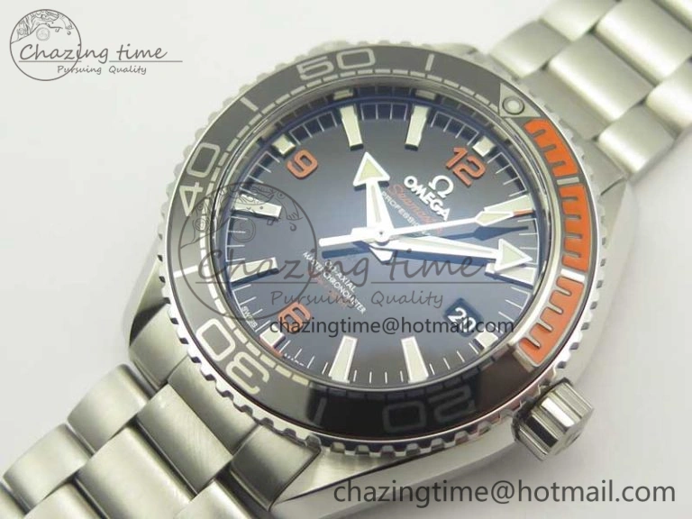 Planet Ocean 2016 43.5mm SS Black Orange Bezel OM 1:1 Best Edition Black Dial on SS Bracelet A8900 V BestValue 8027