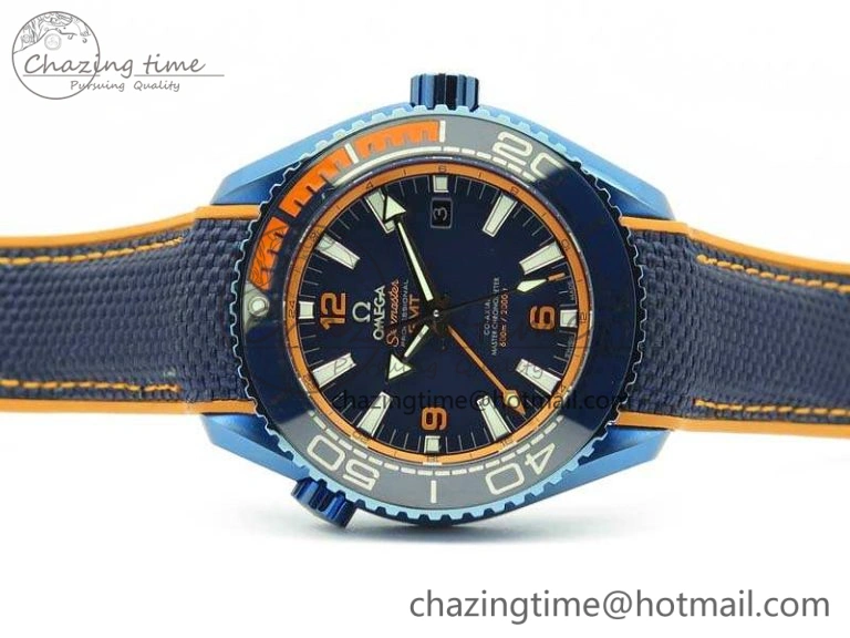 FreshLook Planet Ocean 45mm GMT Blue DLC Black OMF Best Edition Blue Dial On Blue Gummy Strap A 8123
