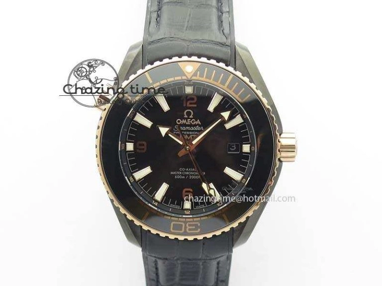 Flexible Planet Ocean 45mm GMT DLC RG JHF Best Edition Black Dial On Leather Strap A 8193