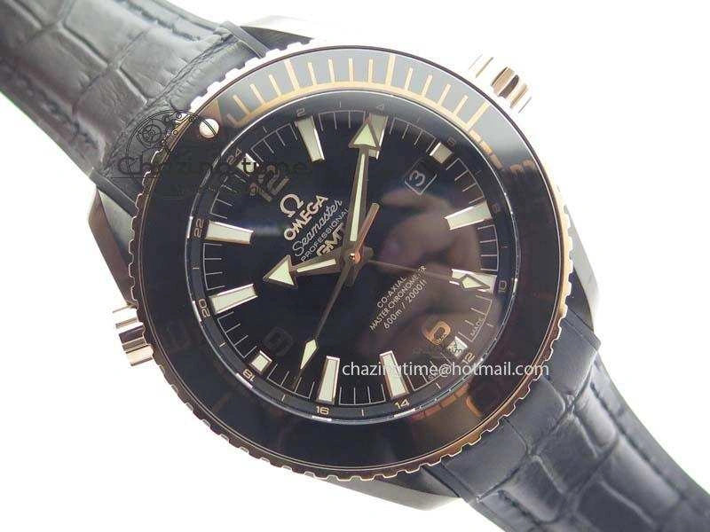 Flexible Planet Ocean 45mm GMT DLC RG JHF Best Edition Black Dial On Leather Strap A 8193