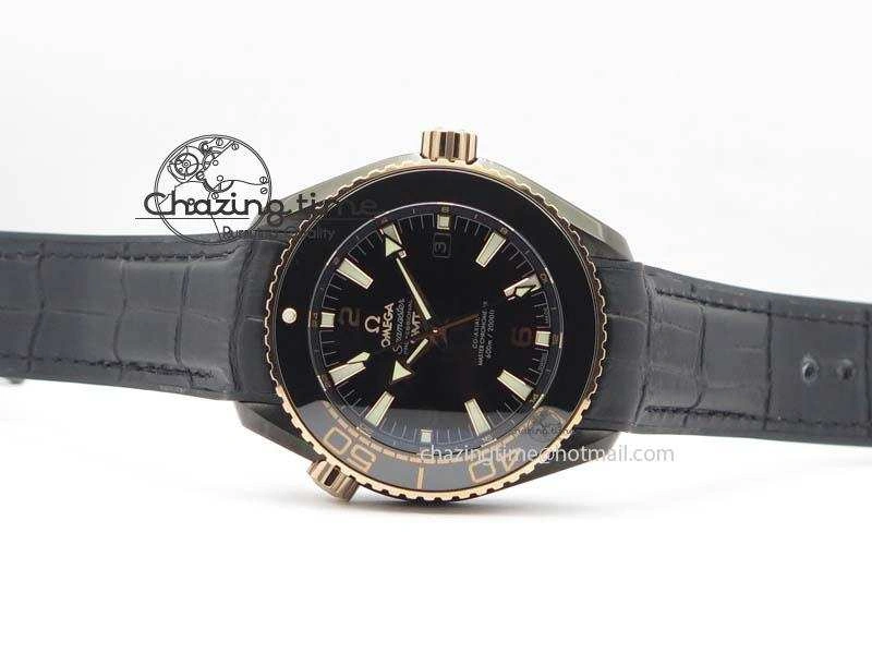 Flexible Planet Ocean 45mm GMT DLC RG JHF Best Edition Black Dial On Leather Strap A 8193
