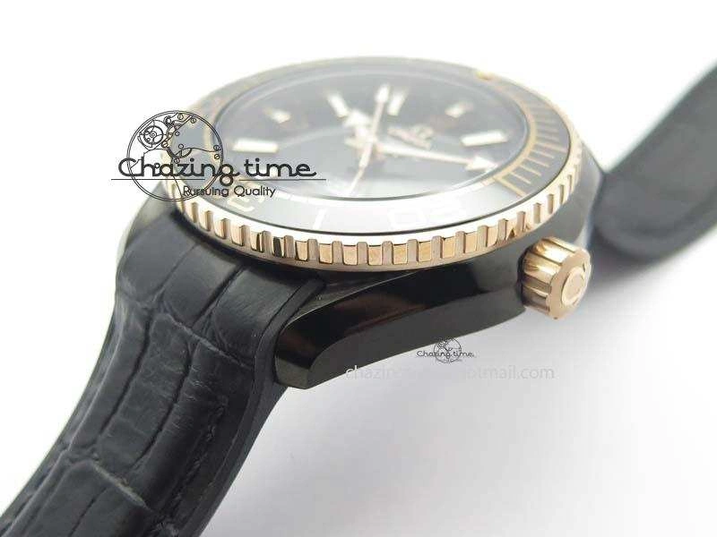Flexible Planet Ocean 45mm GMT DLC RG JHF Best Edition Black Dial On Leather Strap A 8193