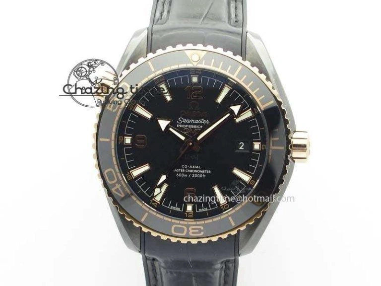 ZipUp Planet Ocean 45mm Real Ceramic RG BP Best Edition Black Dial On Leather Strap A 8181
