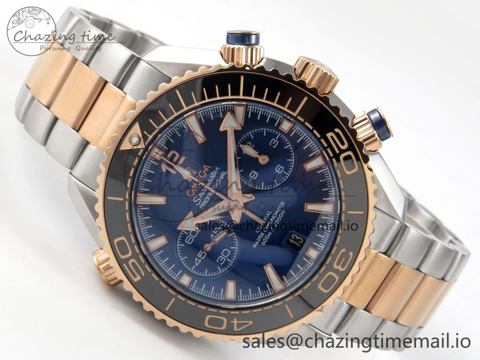 Planet Ocean 600M Chrono SS VRF 1:1 Best Edition Black Bezel Blue Dial on RG SS Bracelet A RelaxedFit 7648