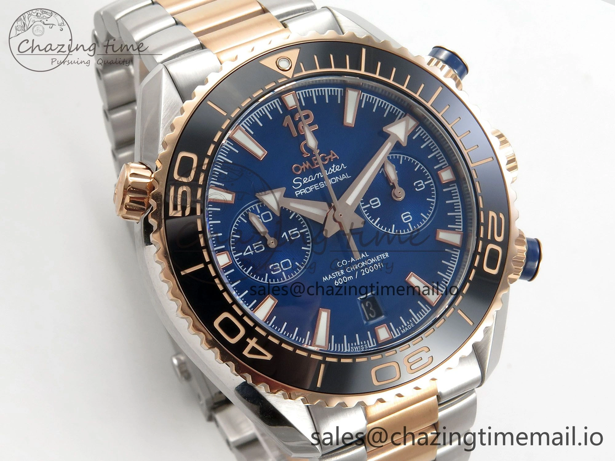 Planet Ocean 600M Chrono SS VRF 1:1 Best Edition Black Bezel Blue Dial on RG SS Bracelet A RelaxedFit 7648