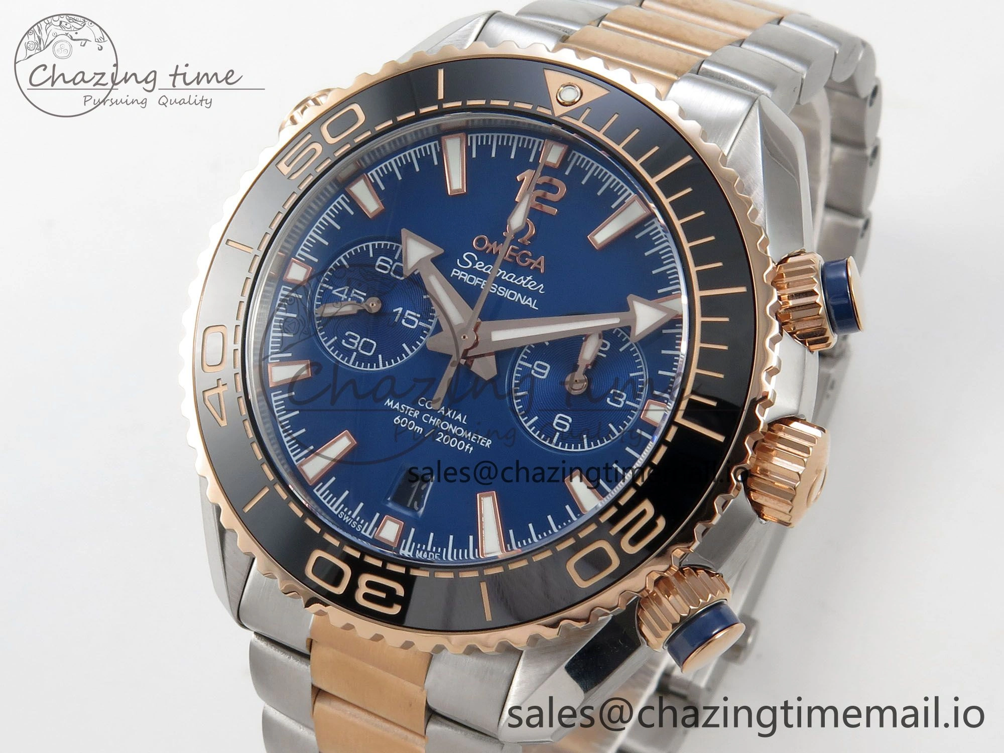 Planet Ocean 600M Chrono SS VRF 1:1 Best Edition Black Bezel Blue Dial on RG SS Bracelet A RelaxedFit 7648