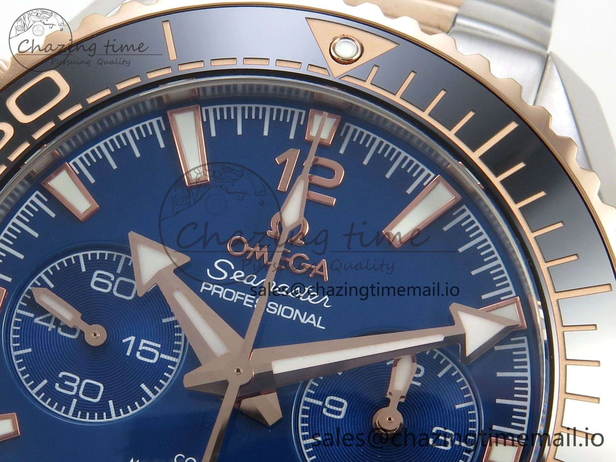 Planet Ocean 600M Chrono SS VRF 1:1 Best Edition Black Bezel Blue Dial on RG SS Bracelet A RelaxedFit 7648