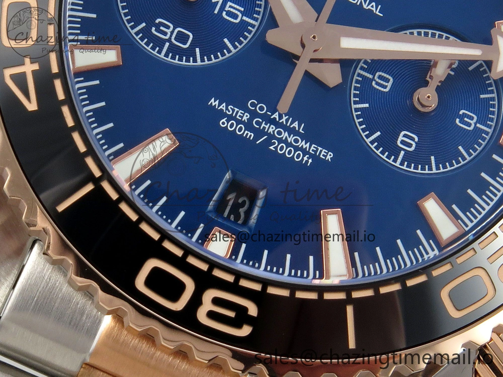 Planet Ocean 600M Chrono SS VRF 1:1 Best Edition Black Bezel Blue Dial on RG SS Bracelet A RelaxedFit 7648