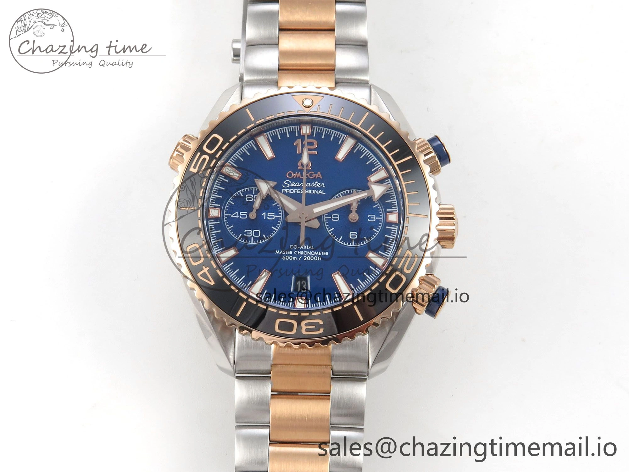 Planet Ocean 600M Chrono SS VRF 1:1 Best Edition Black Bezel Blue Dial on RG SS Bracelet A RelaxedFit 7648