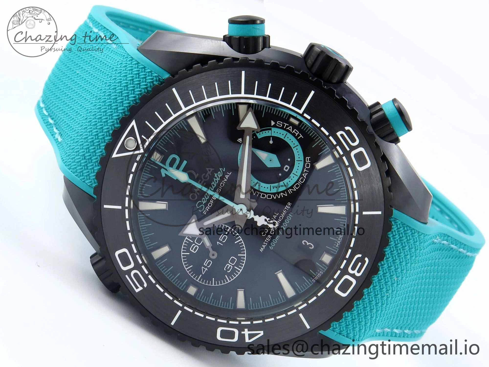 TopPick Planet Ocean Master Chronometer 600M 45.5mm SCF 1:1 Best Edition Black Dial on Tiffany Blue Rubber Strap A9900 Super Clone 7671