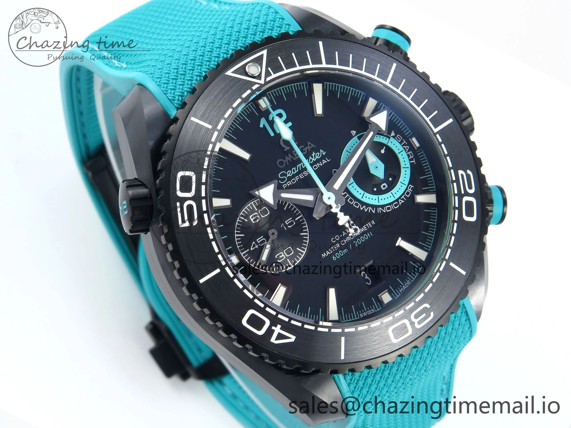 TopPick Planet Ocean Master Chronometer 600M 45.5mm SCF 1:1 Best Edition Black Dial on Tiffany Blue Rubber Strap A9900 Super Clone 7671