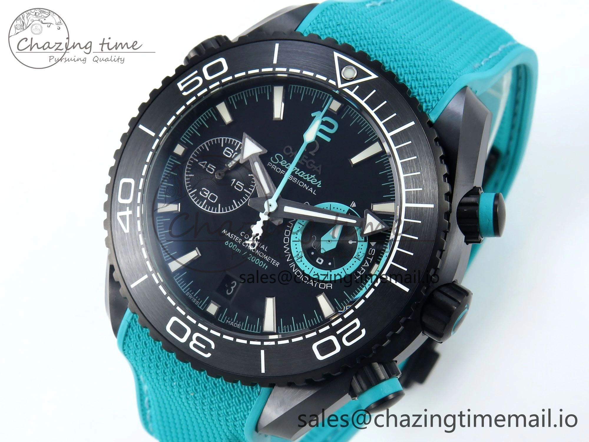 TopPick Planet Ocean Master Chronometer 600M 45.5mm SCF 1:1 Best Edition Black Dial on Tiffany Blue Rubber Strap A9900 Super Clone 7671