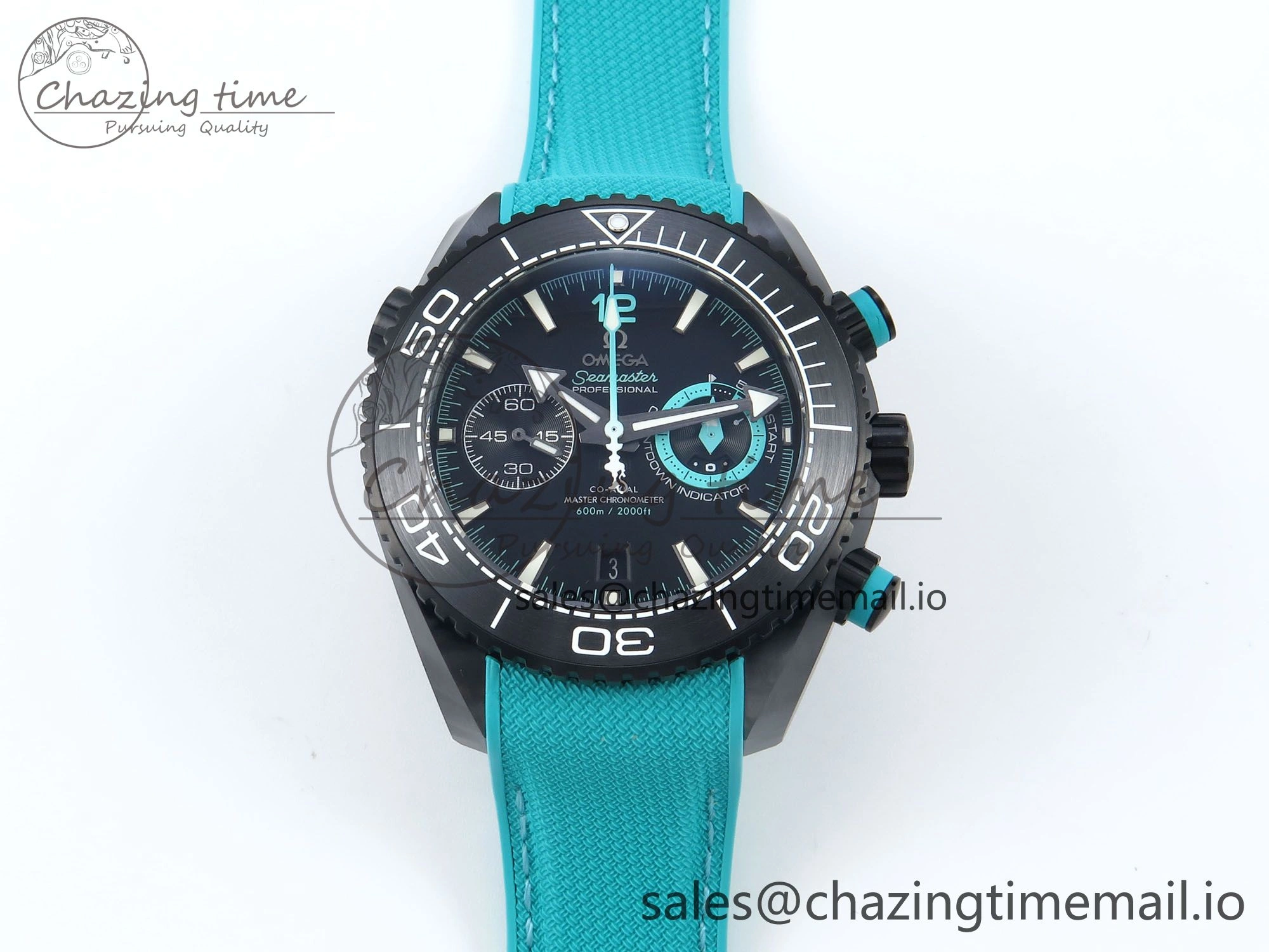 TopPick Planet Ocean Master Chronometer 600M 45.5mm SCF 1:1 Best Edition Black Dial on Tiffany Blue Rubber Strap A9900 Super Clone 7671