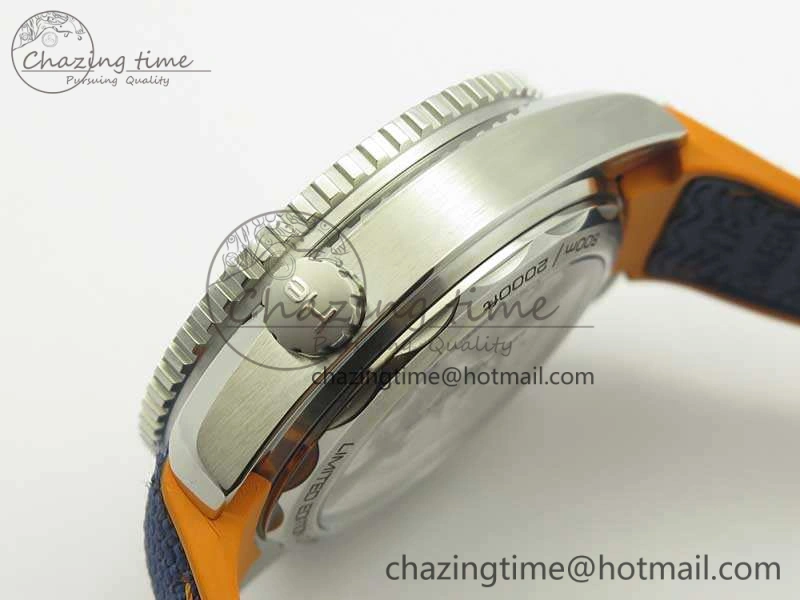 Planet Ocean Master Chronometer OMF SS Blue Orange Bezel White Dial On Nylon Strap A9900 (Black Balance Wheel) V Resilient 8081
